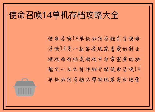 使命召唤14单机存档攻略大全